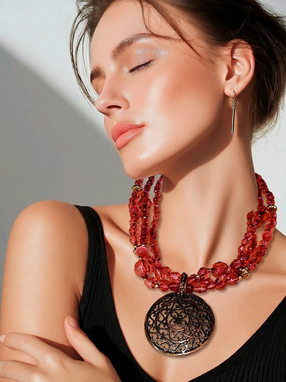 Red Beaded Statement Necklace with Filigree Pendant 22"- #564